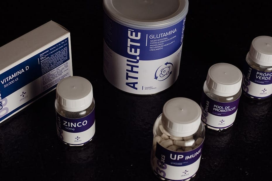 Close-up of a variety of nutritional supplements, vitamins, and probiotics.