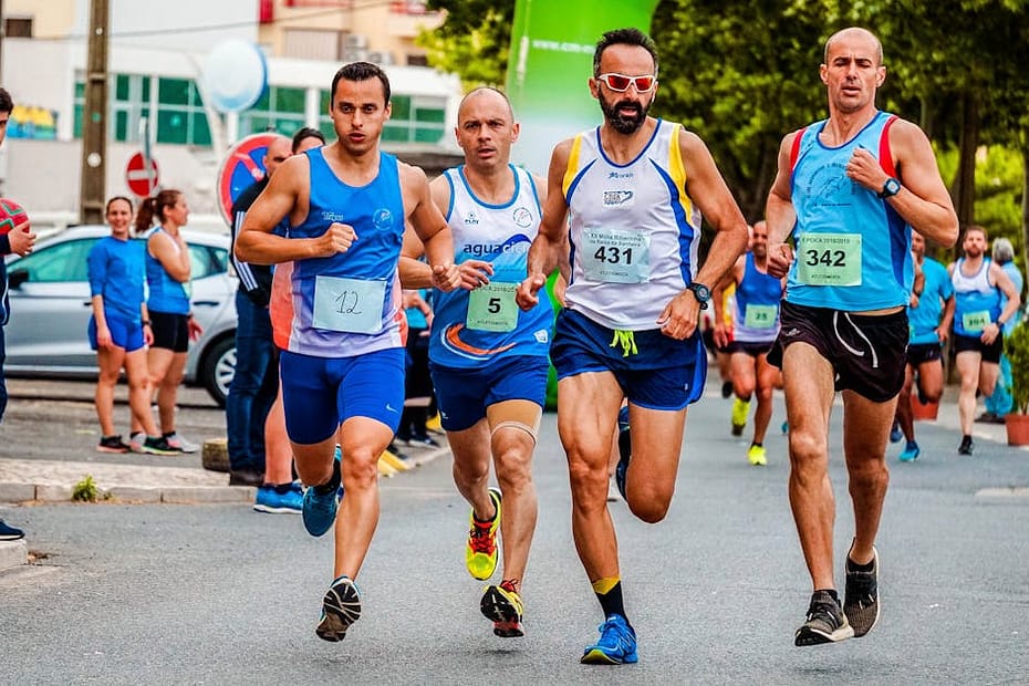 Vibrant scene of male marathon runners competing in an outdoor race, showcasing athletic endurance.